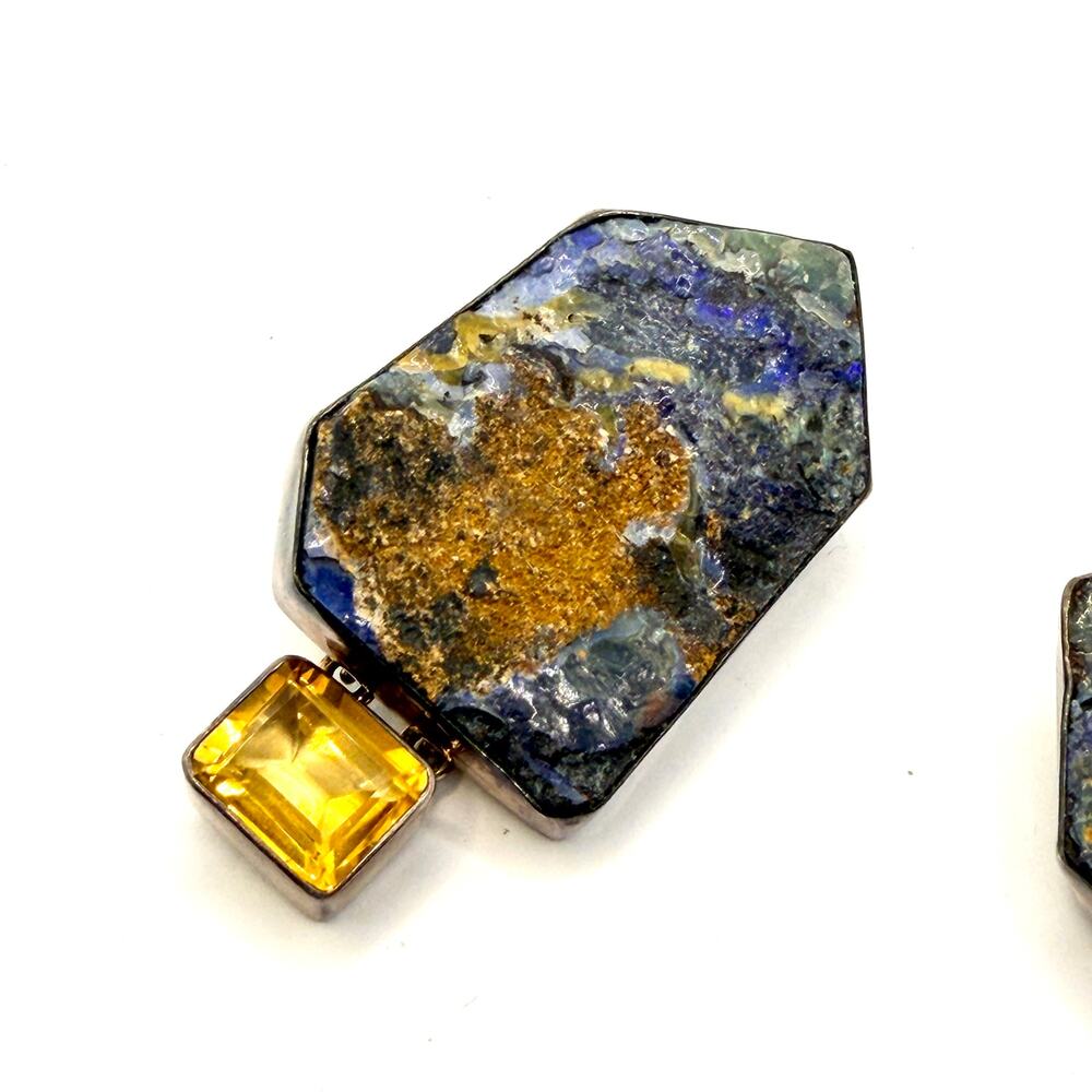 Vintage 90s Signed Amy Kahn Russell Blue Azurite Malachite Citrine Earrings - Picture 2 of 10